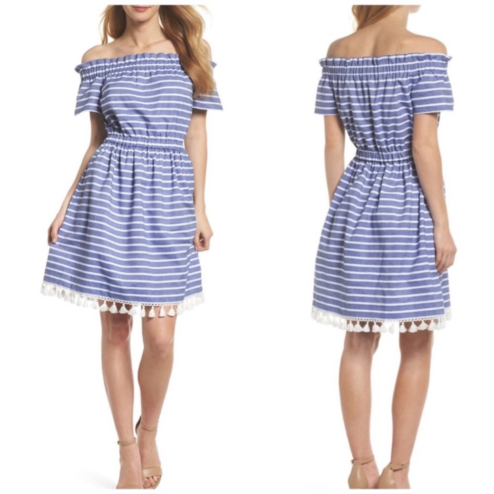 Eliza J Blue and White Striped Off-Shoulder Mini Dress